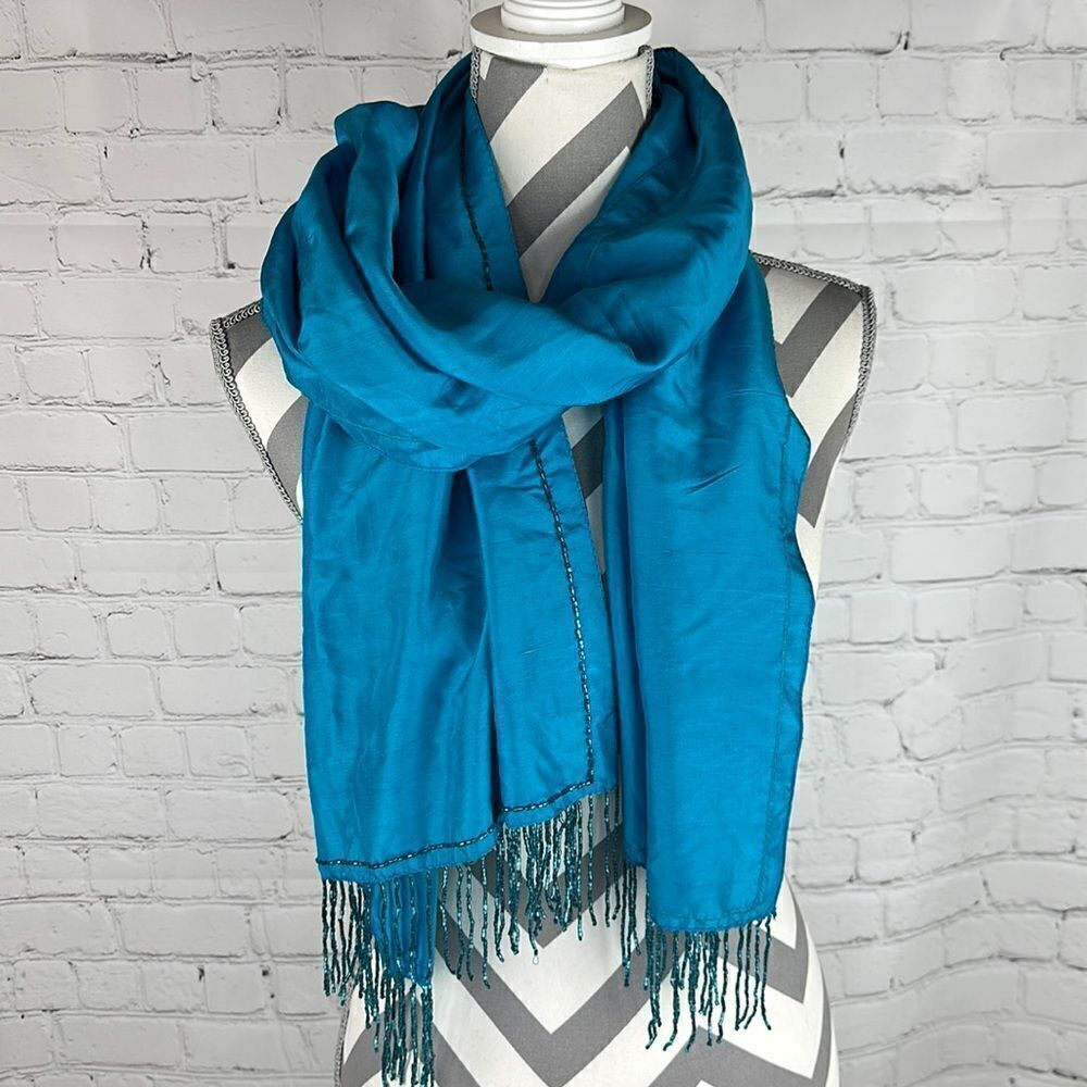 Blue Satin Scarf with Beaded Edges